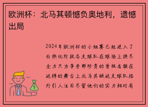 欧洲杯：北马其顿憾负奥地利，遗憾出局